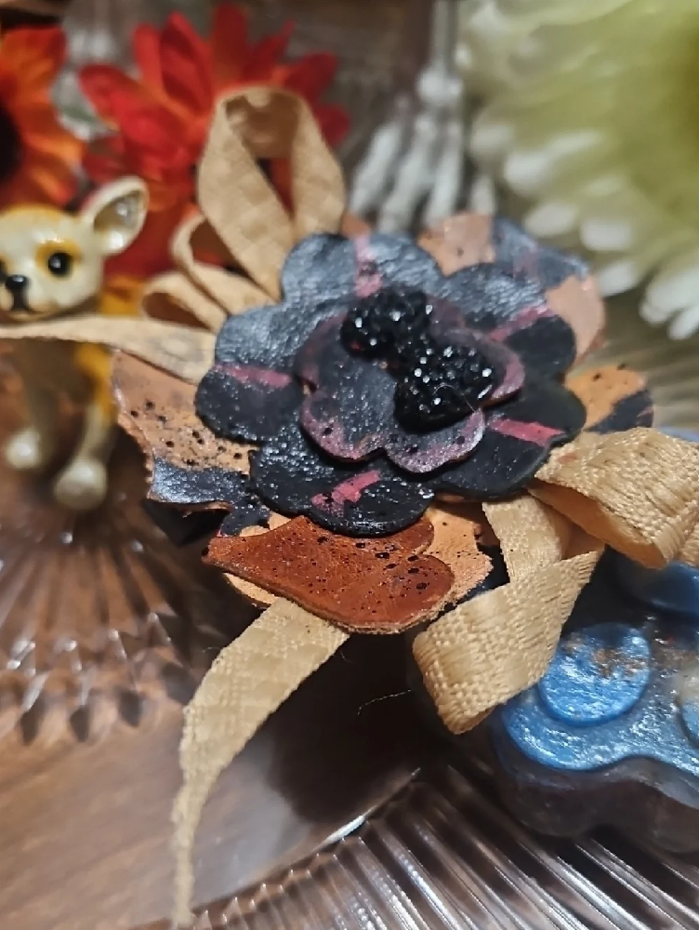 Hand Crafted Genuine Leather Floral Dog Bow Charm NEW Gifted